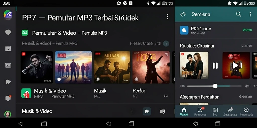 Antarmuka pengguna aplikasi PP7 dengan fungsi Pemutar MP3 yang menarik.