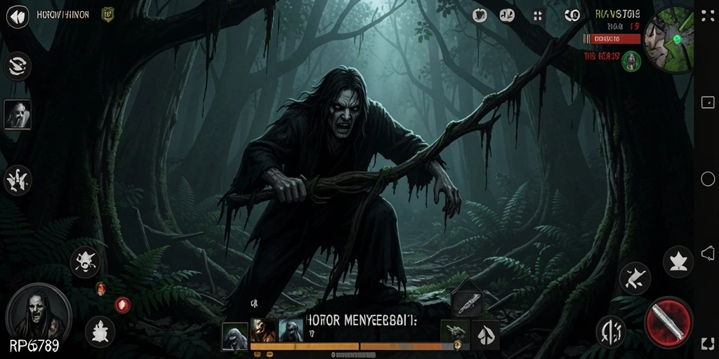 Tampilan menakutkan dari antarmuka game Horor Hutan RP6789.